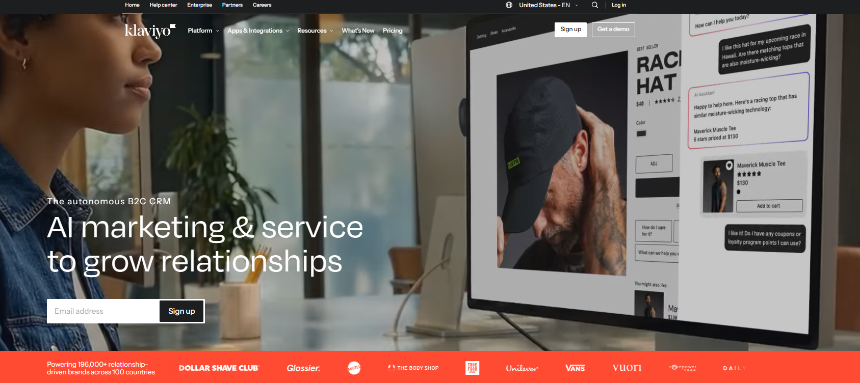Klaviyo Startseite mit Fokus auf KI-Marketing und Services für E-Commerce-Marken