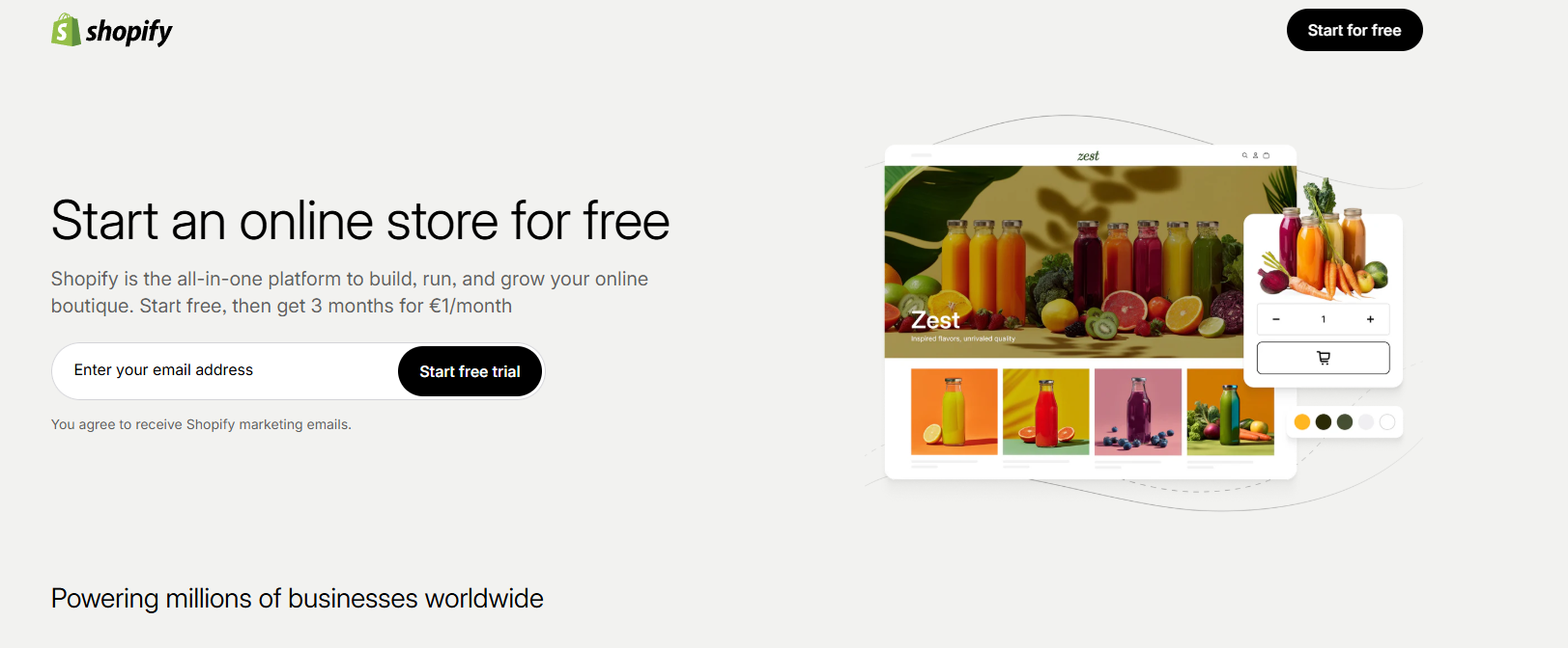 Shopify Startseite mit Hinweis auf kostenlosen Shop-Start