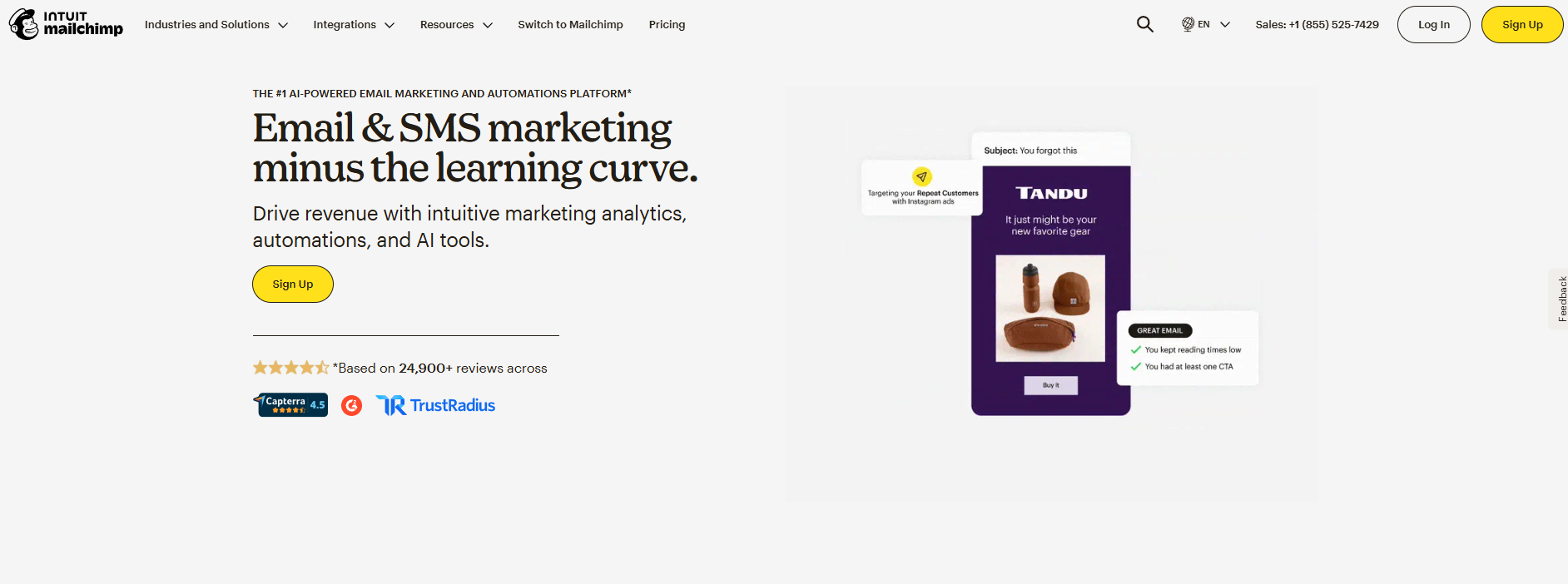 Mailchimp Startseite mit E-Mail- und SMS-Marketing-Plattform