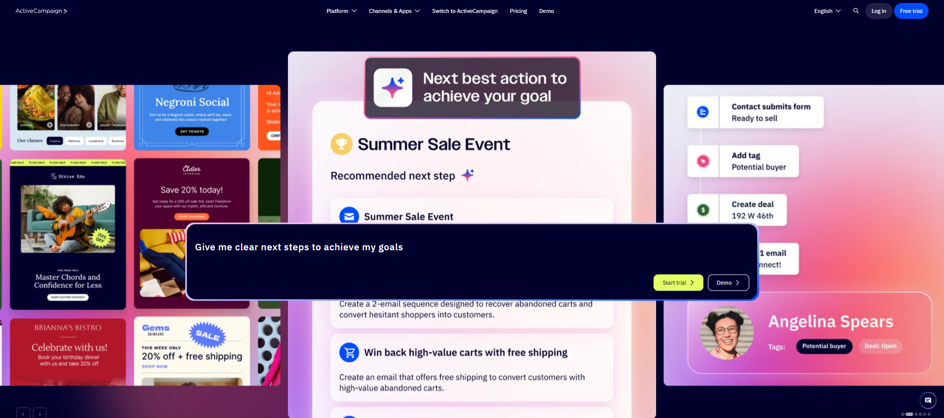 ActiveCampaign Startseite mit Automatisierung und Next-Best-Action-Interface