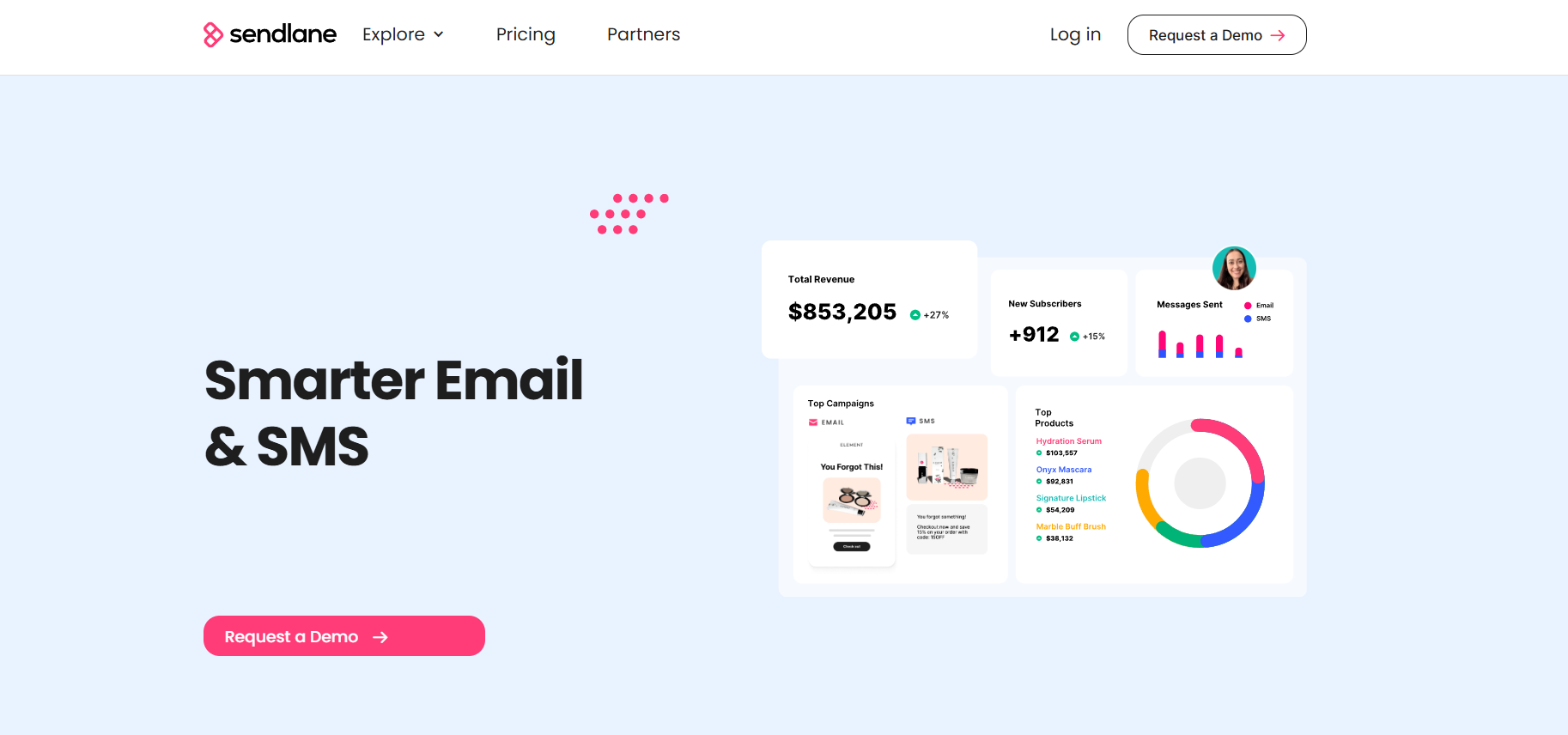 Sendlane Startseite mit smarter E-Mail- und SMS-Dashboard-Ansicht