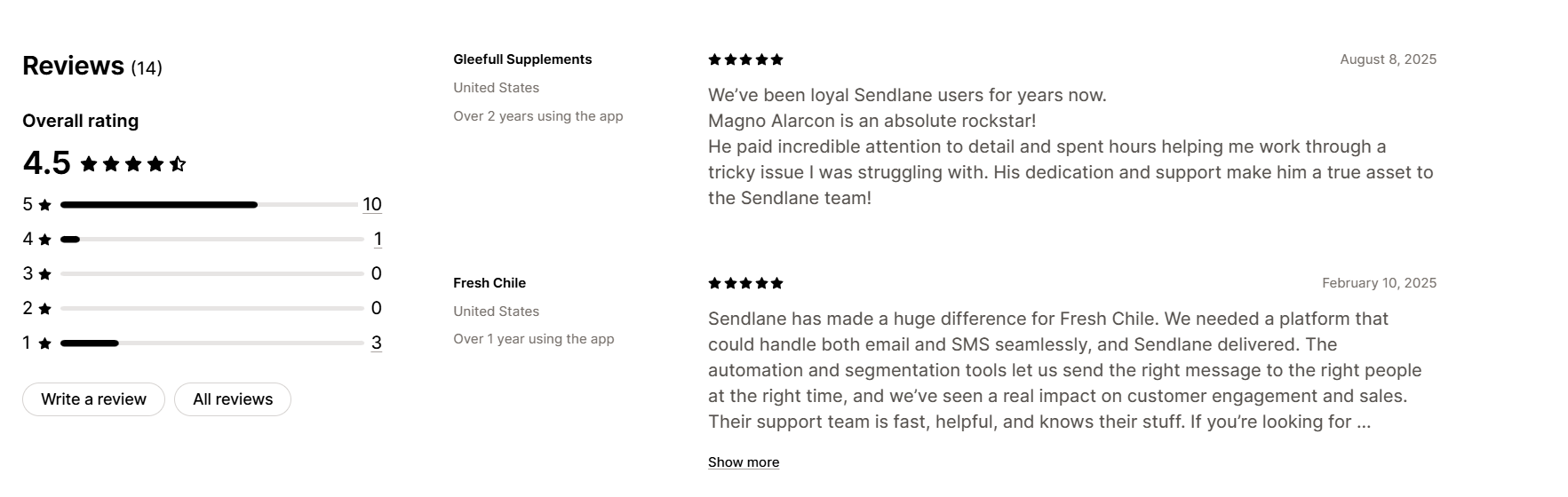 Sendlane Shopify App Store Bewertungen mit Händlerfeedback und Rating
