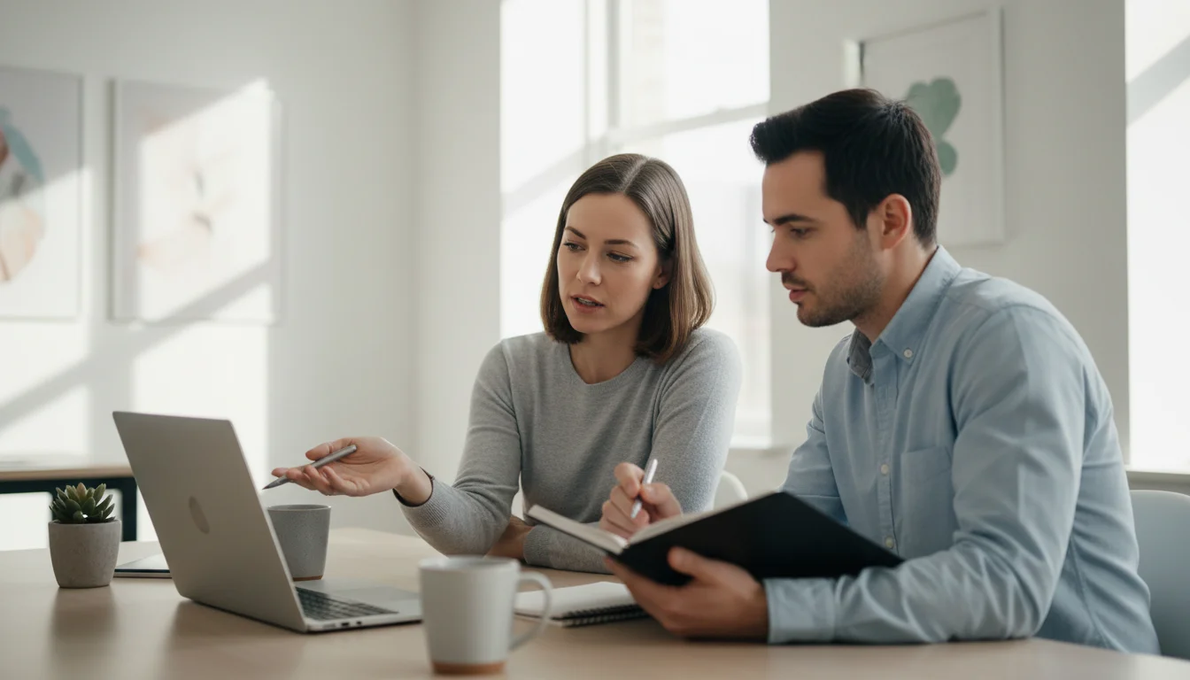 Two ecommerce specialists planning a digital PR and journalist outreach campaign for Shopify link building