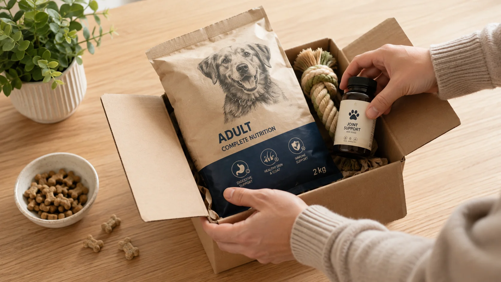 Close-up of a person packing pet food, a chew toy and a supplement bottle into a branded shipping box on a kitchen table