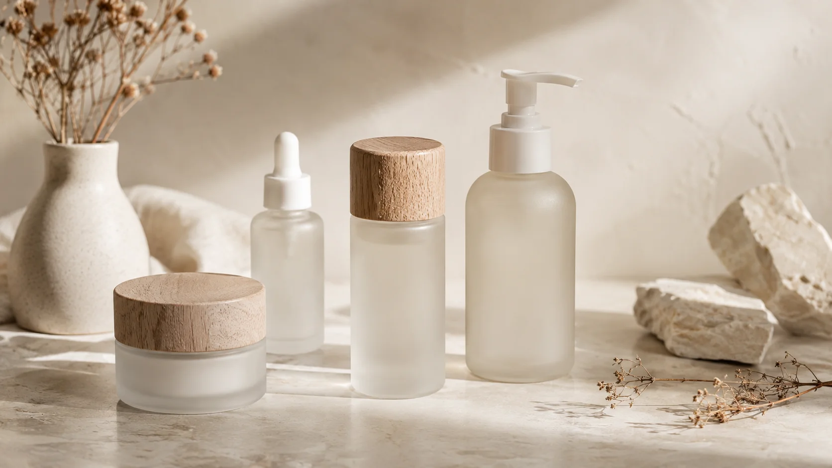 Tidy skincare shelf with unbranded bottles and jars arranged beside a folded towel