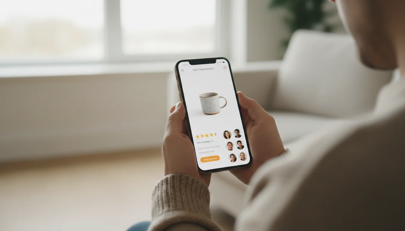 Shopper reading star ratings and customer photos on a product reviews page before deciding to buy